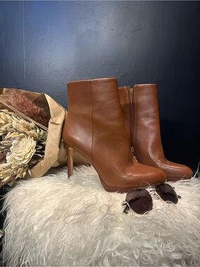 Nine West Cognac Leather High-Heel Ankle Boots